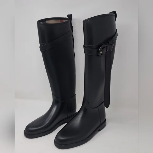 Burberry Women's Rain Boots Knee High Equestrian Black Belt Italy 36 EU 6 US - Picture 13 of 13